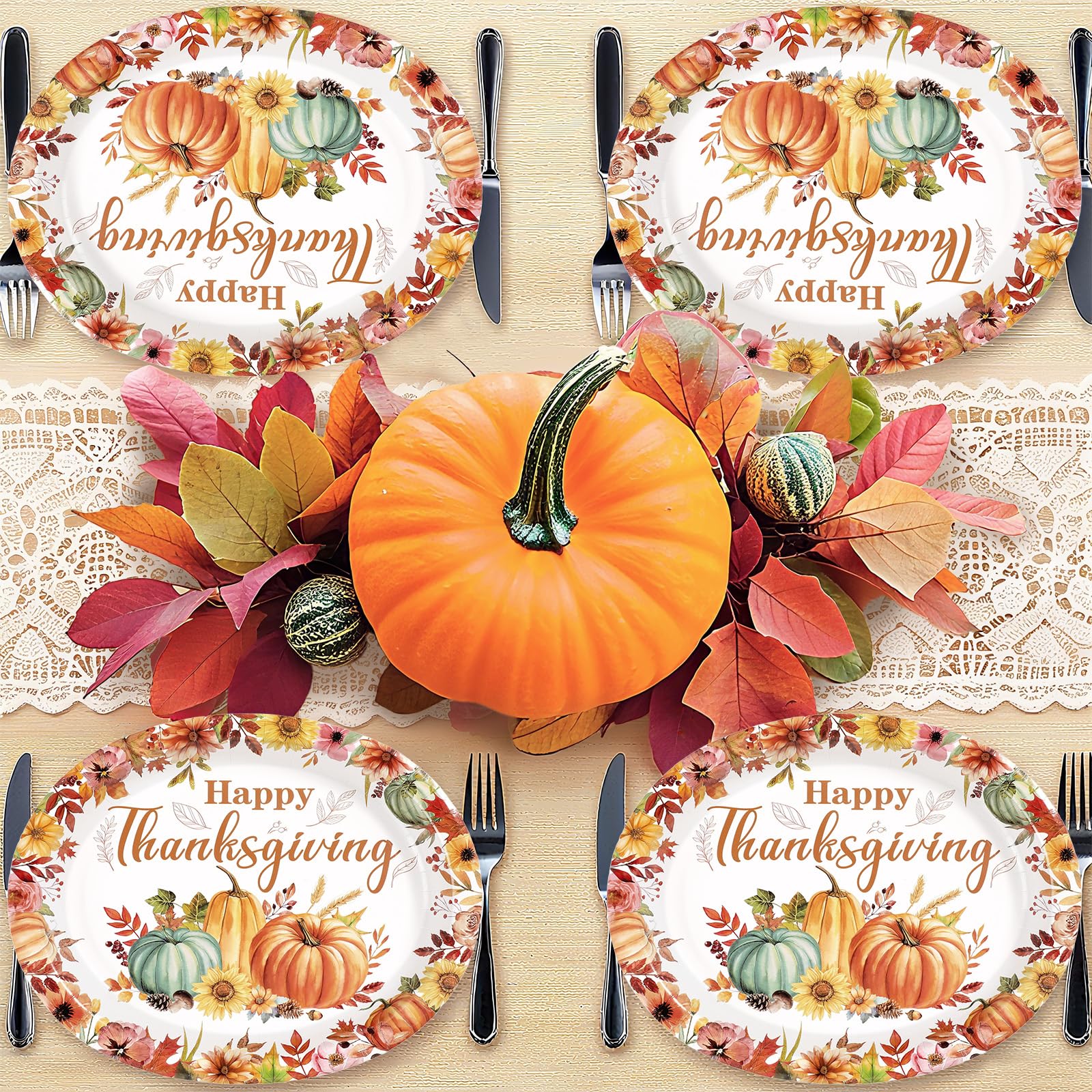 50Pcs Thanksgiving Flower Oval Paper Plates - Grencian
