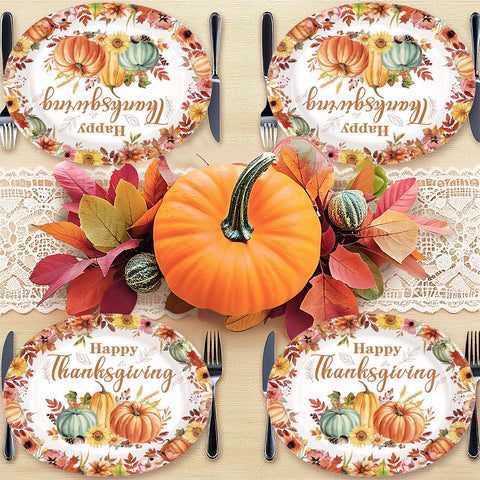 50Pcs Thanksgiving Flower Oval Paper Plates - Grencian