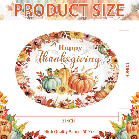 50Pcs Thanksgiving Flower Oval Paper Plates - Grencian