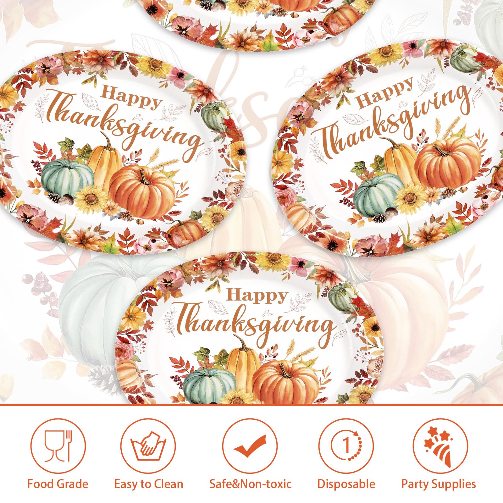 50Pcs Thanksgiving Flower Oval Paper Plates - Grencian