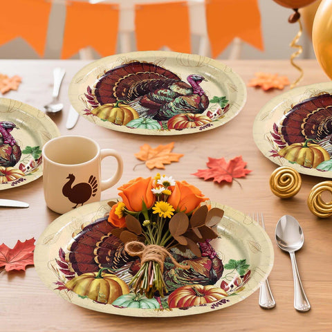 50Pcs Turkey Pumpkin Oval Paper Plates - Grencian