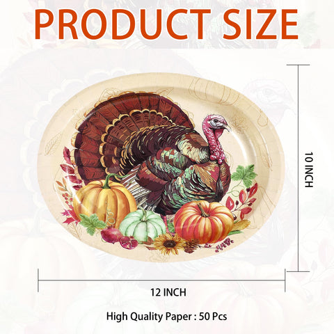 50Pcs Turkey Pumpkin Oval Paper Plates - Grencian