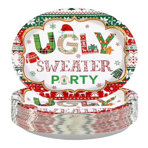 50Pcs Ugly Sweater Oval Paper Plates - Grencian
