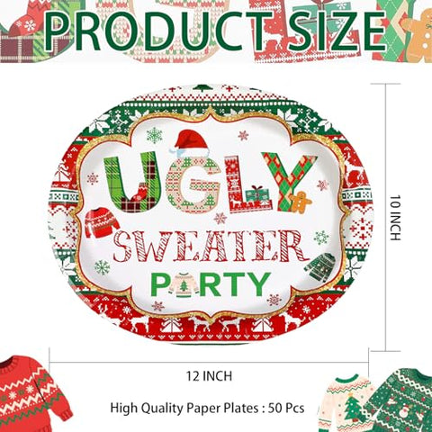 50Pcs Ugly Sweater Oval Paper Plates - Grencian