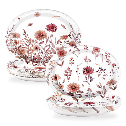 50Pcs Vintage Wildflower Oval Paper Plates - Grencian