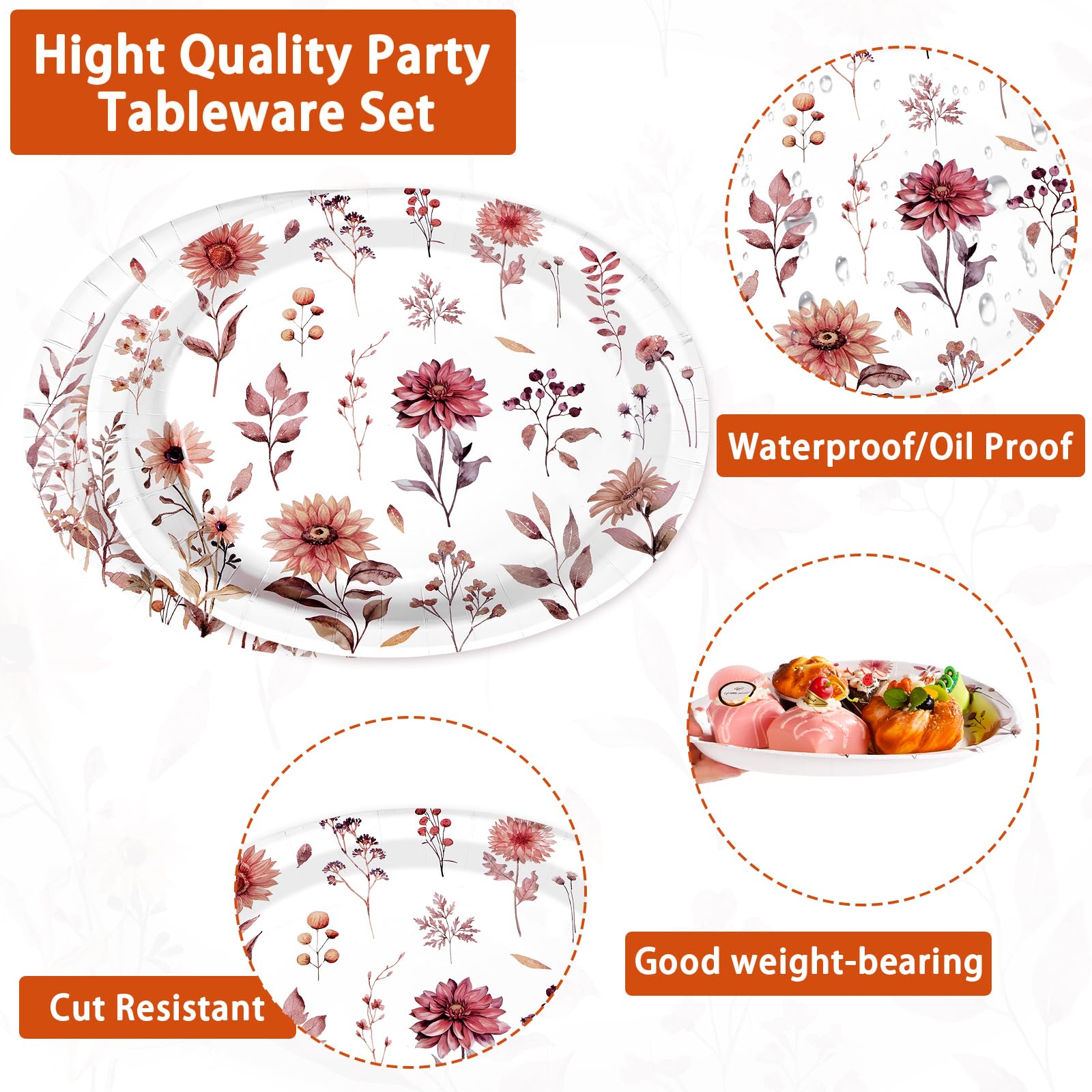 50Pcs Vintage Wildflower Oval Paper Plates - Grencian