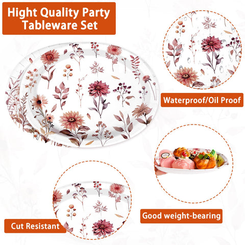 50Pcs Vintage Wildflower Oval Paper Plates - Grencian