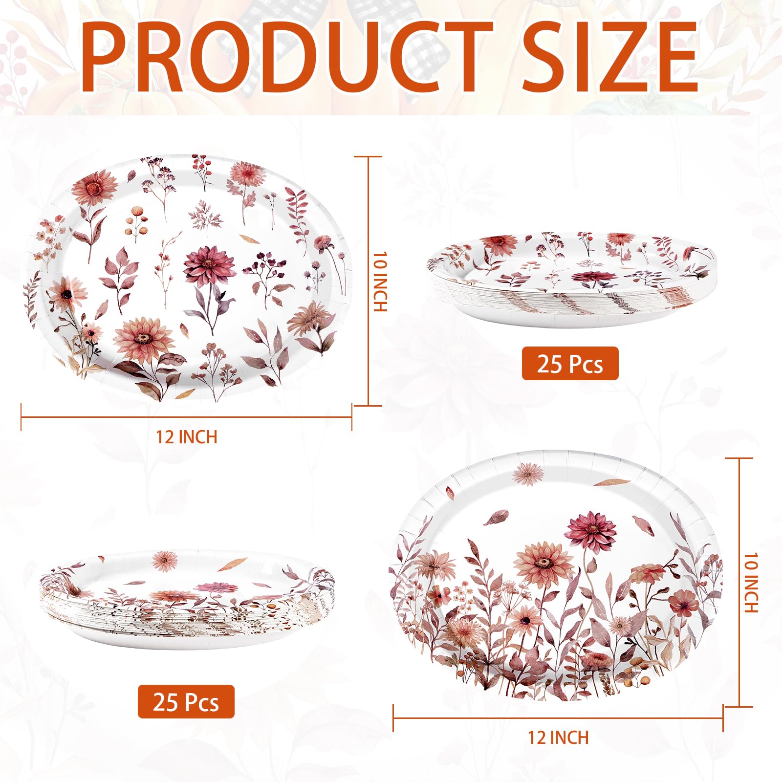 50Pcs Vintage Wildflower Oval Paper Plates - Grencian