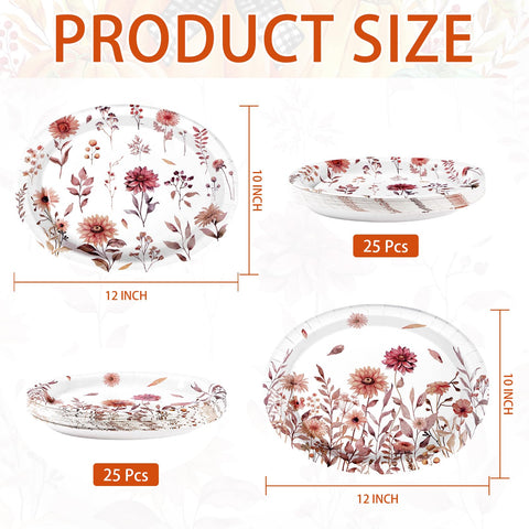 50Pcs Vintage Wildflower Oval Paper Plates - Grencian
