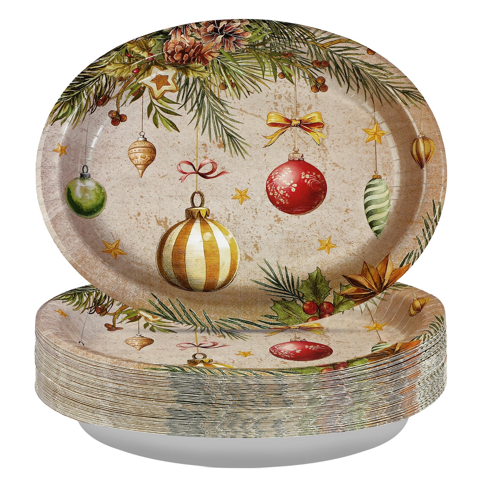 50Pcs Vintage Xmas Balls Oval Paper Plates - Grencian