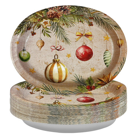 50Pcs Vintage Xmas Balls Oval Paper Plates - Grencian