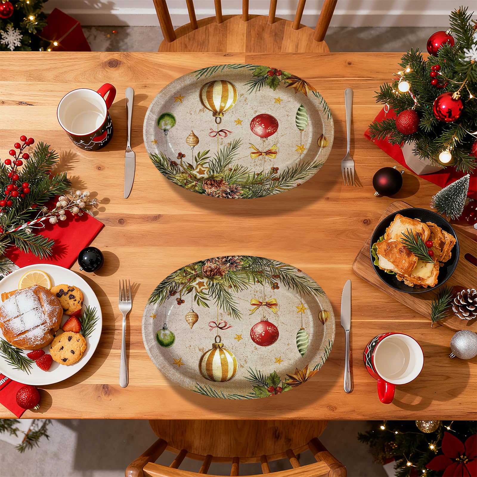 50Pcs Vintage Xmas Balls Oval Paper Plates - Grencian
