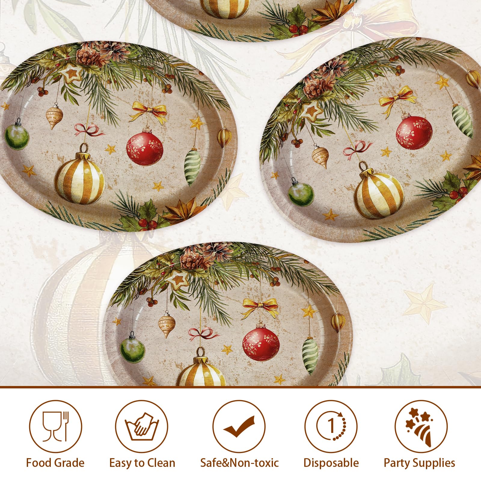 50Pcs Vintage Xmas Balls Oval Paper Plates - Grencian