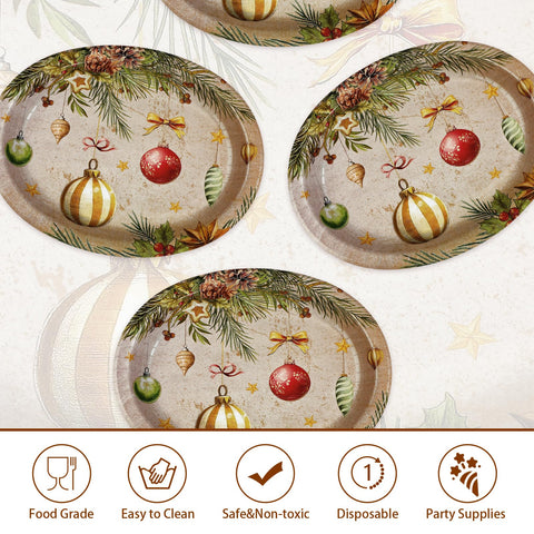 50Pcs Vintage Xmas Balls Oval Paper Plates - Grencian