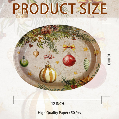 50Pcs Vintage Xmas Balls Oval Paper Plates - Grencian