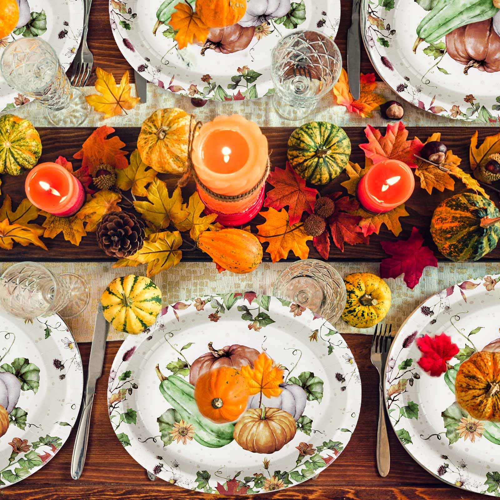 50Pcs Watercolor Fall Leaves Pumpkin Oval Paper Plates - Grencian