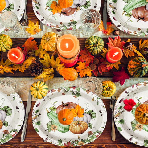 50Pcs Watercolor Fall Leaves Pumpkin Oval Paper Plates - Grencian
