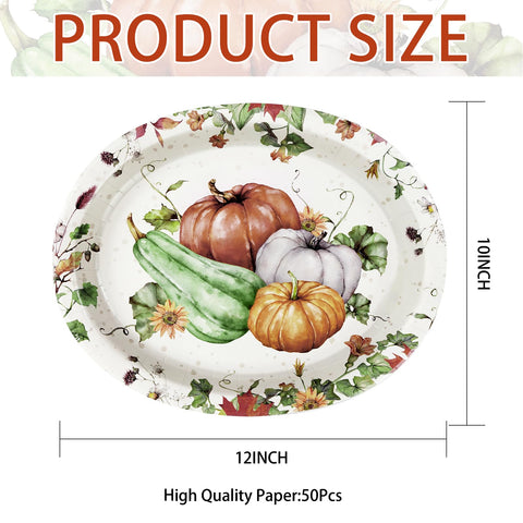 50Pcs Watercolor Fall Leaves Pumpkin Oval Paper Plates - Grencian