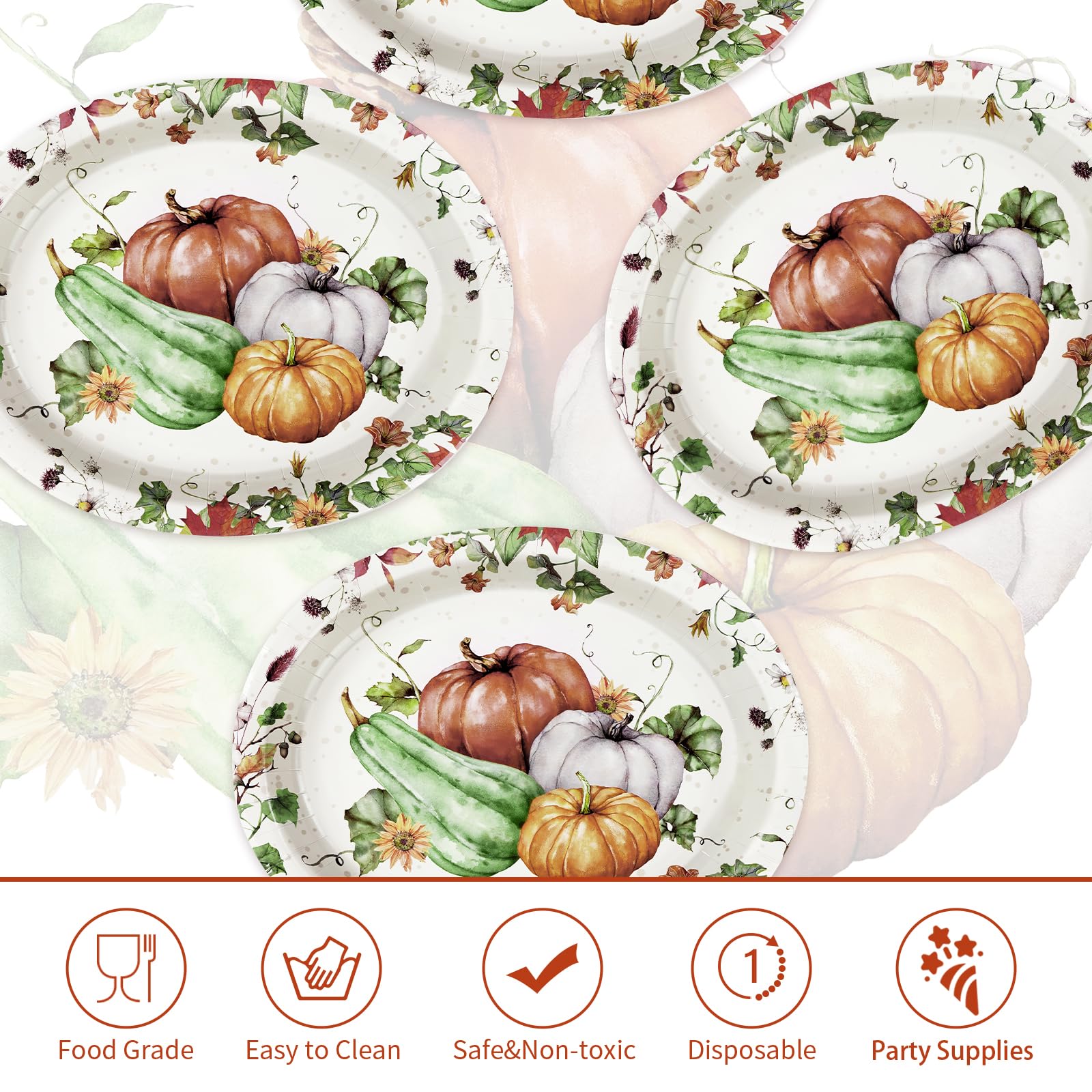 50Pcs Watercolor Fall Leaves Pumpkin Oval Paper Plates - Grencian