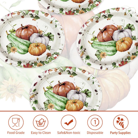 50Pcs Watercolor Fall Leaves Pumpkin Oval Paper Plates - Grencian