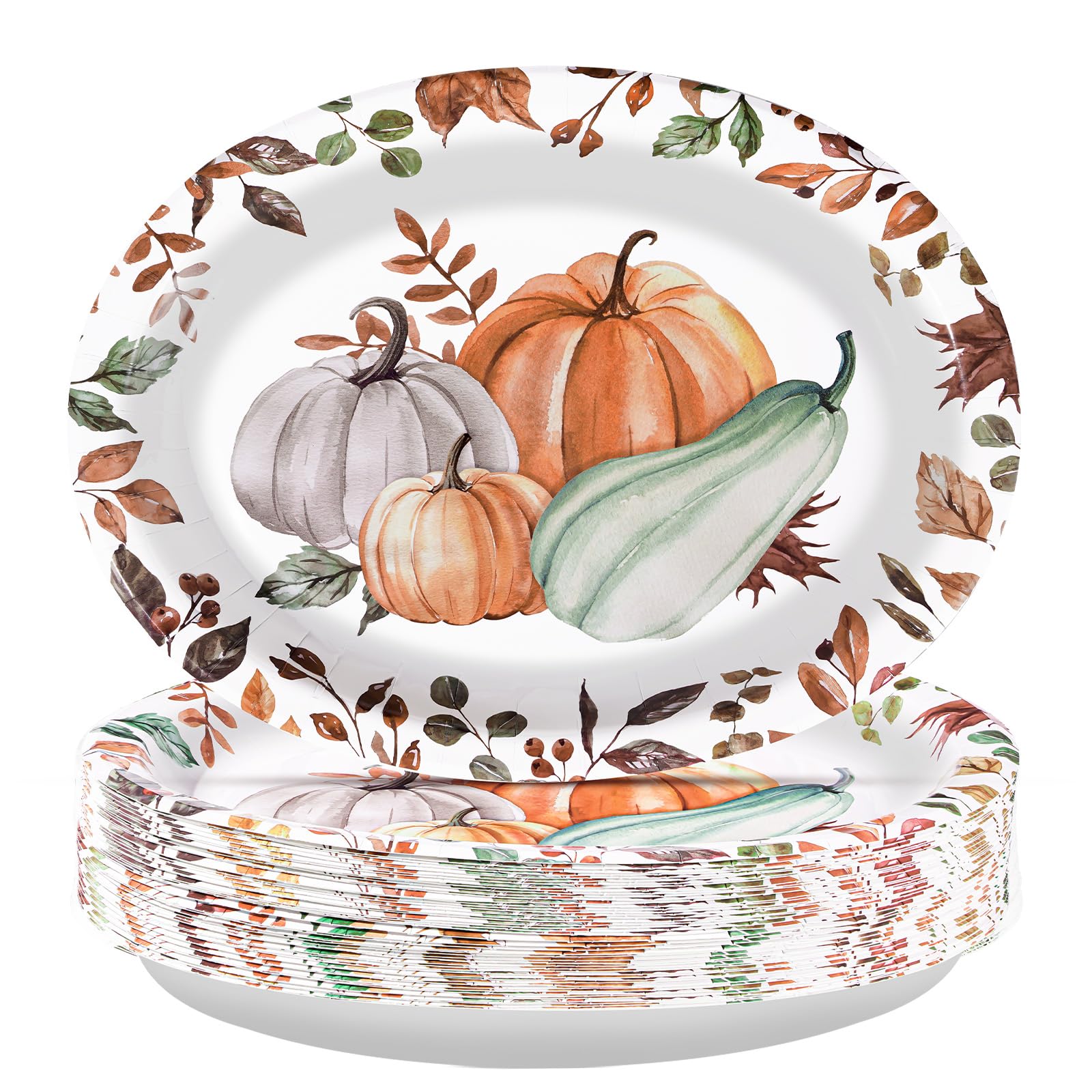 50Pcs Watercolor Pumpkin Oval Paper Plates - Grencian