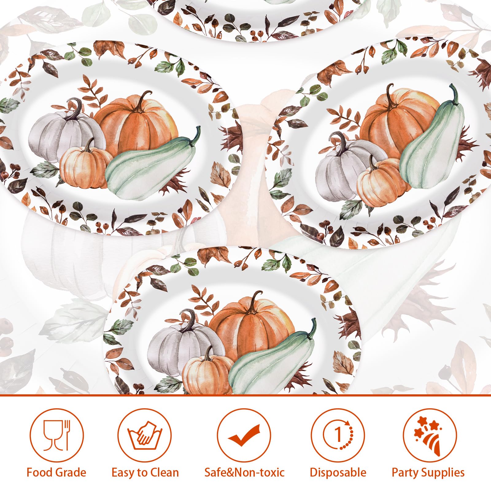 50Pcs Watercolor Pumpkin Oval Paper Plates - Grencian