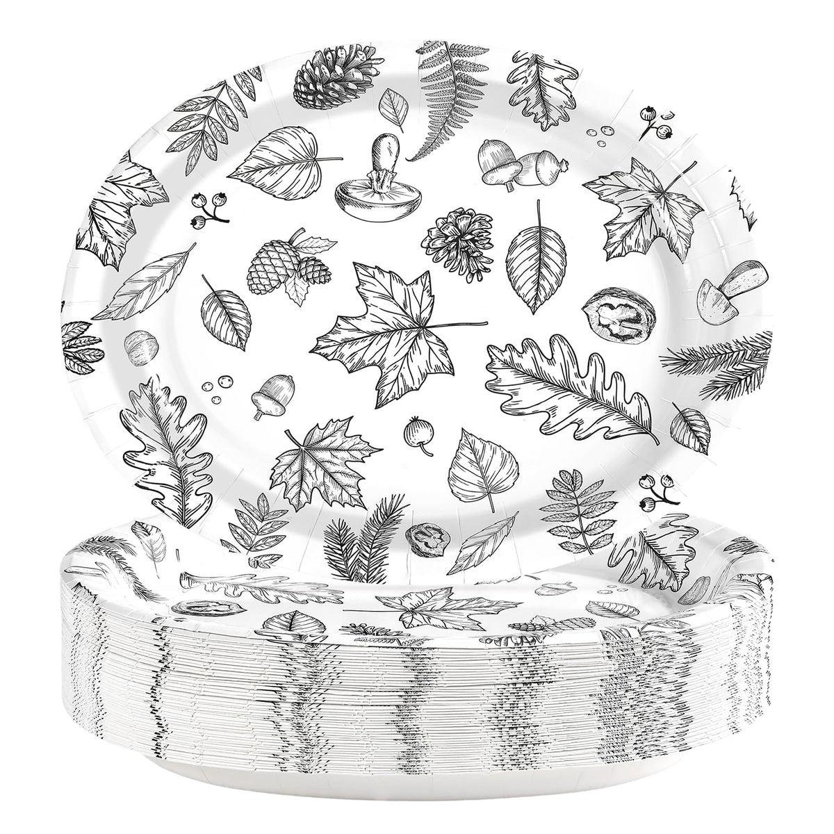 50Pcs White Black Leaves Oval Paper Plates - Grencian