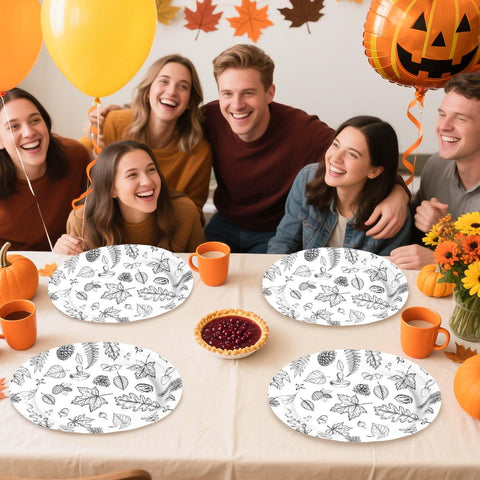 50Pcs White Black Leaves Oval Paper Plates - Grencian