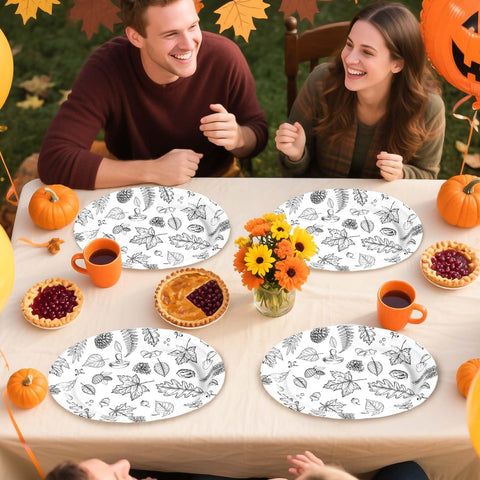 50Pcs White Black Leaves Oval Paper Plates - Grencian