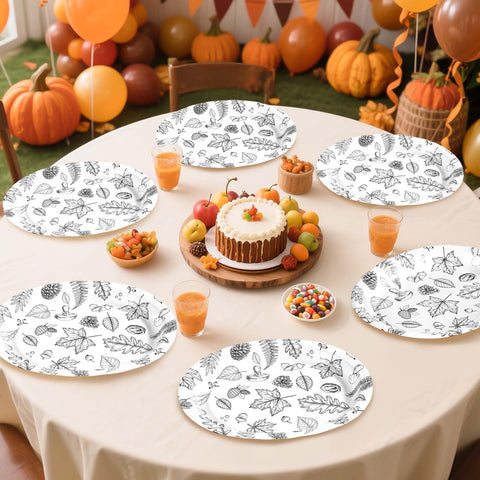 50Pcs White Black Leaves Oval Paper Plates - Grencian