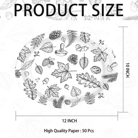 50Pcs White Black Leaves Oval Paper Plates - Grencian