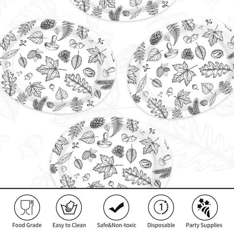 50Pcs White Black Leaves Oval Paper Plates - Grencian