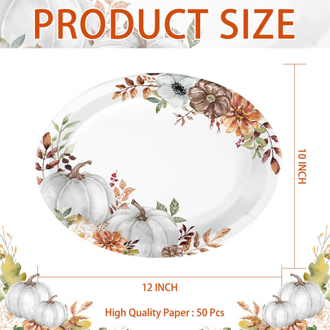 50Pcs White Pumpkin Oval Paper Plates - Grencian