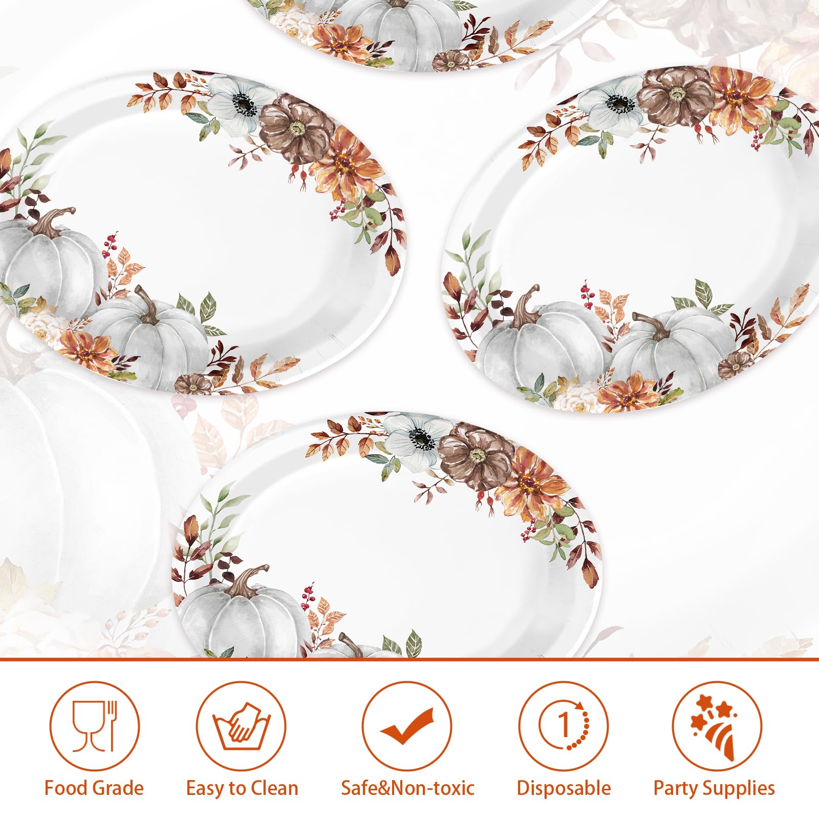 50Pcs White Pumpkin Oval Paper Plates - Grencian