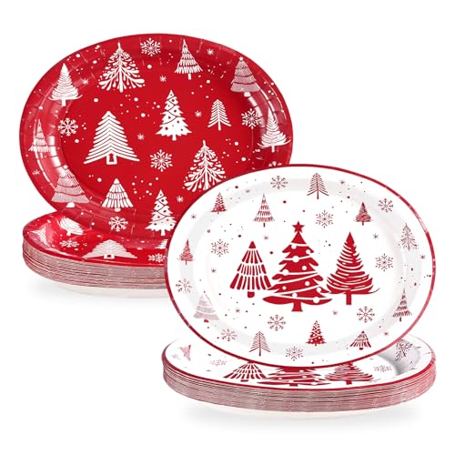 50Pcs White and Red Xmas Tree Oval Paper Plates - Grencian