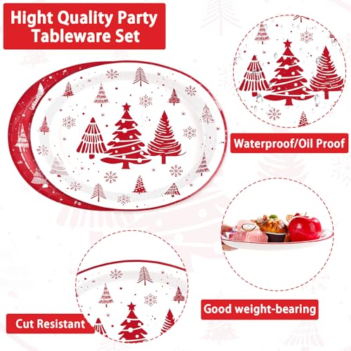 50Pcs White and Red Xmas Tree Oval Paper Plates - Grencian
