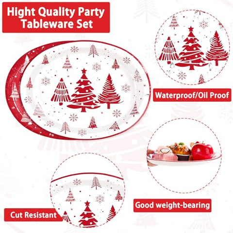 50Pcs White and Red Xmas Tree Oval Paper Plates - Grencian