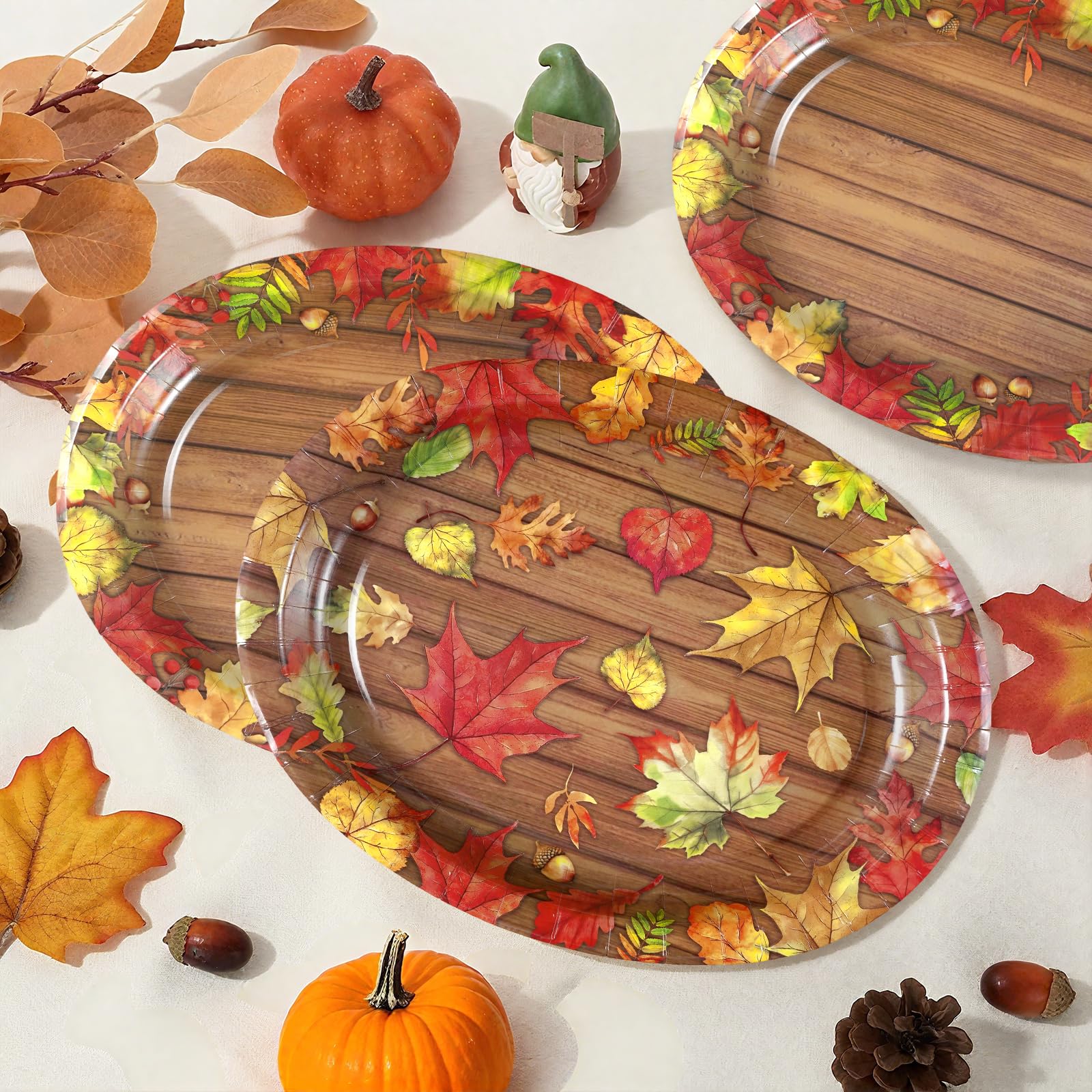 50Pcs Wood Grain Maple Leaf Oval Paper Plates - Grencian