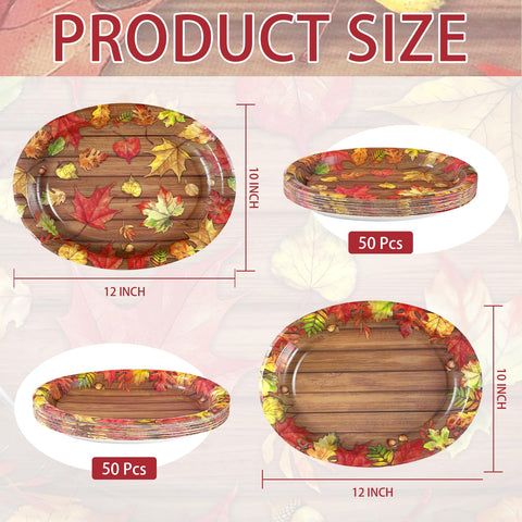50Pcs Wood Grain Maple Leaf Oval Paper Plates - Grencian