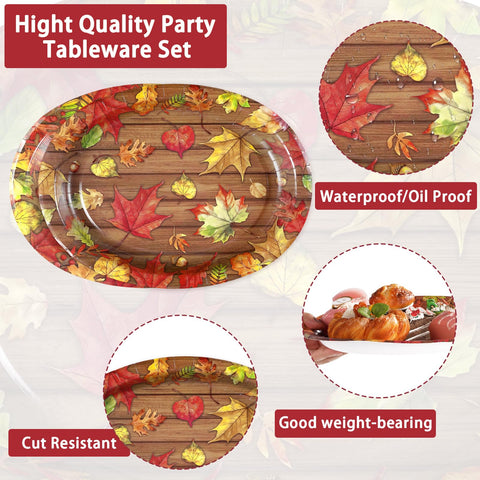 50Pcs Wood Grain Maple Leaf Oval Paper Plates - Grencian