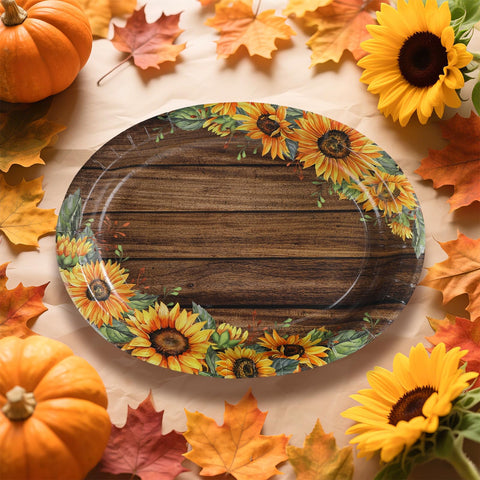 50Pcs Woodgrain Sunflower Oval Paper Plates - Grencian