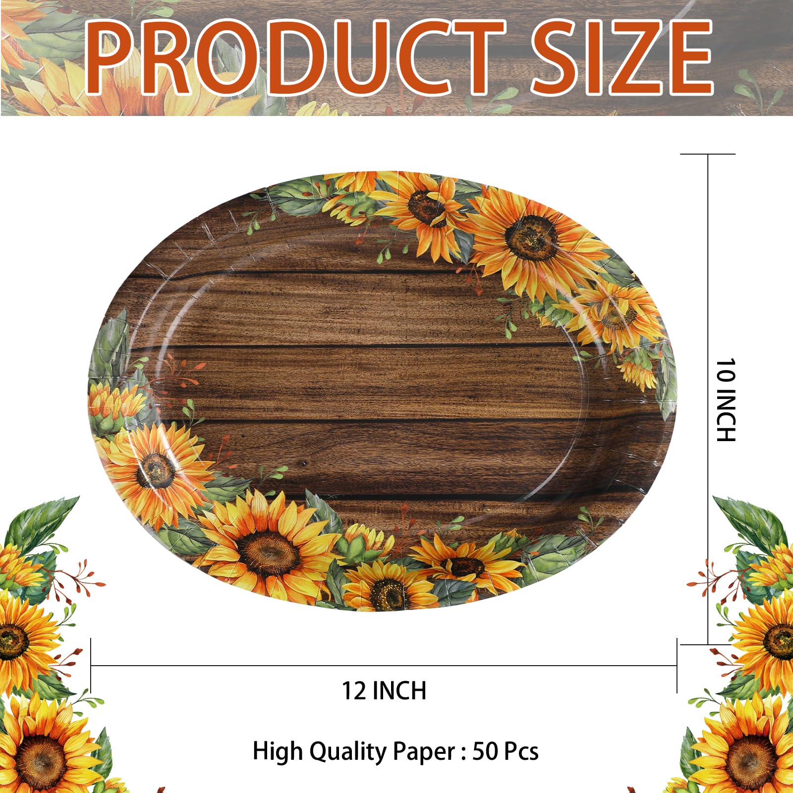 50Pcs Woodgrain Sunflower Oval Paper Plates - Grencian