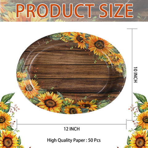 50Pcs Woodgrain Sunflower Oval Paper Plates - Grencian
