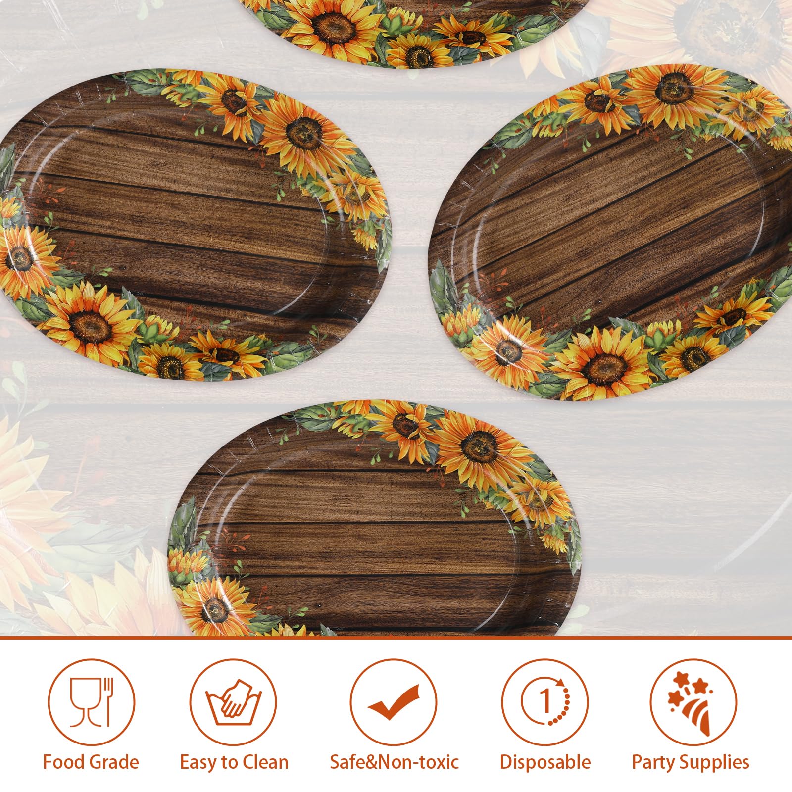 50Pcs Woodgrain Sunflower Oval Paper Plates - Grencian