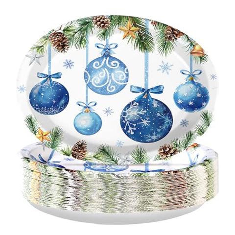 50Pcs Xmas Blue Balls Oval Paper Plates - Grencian