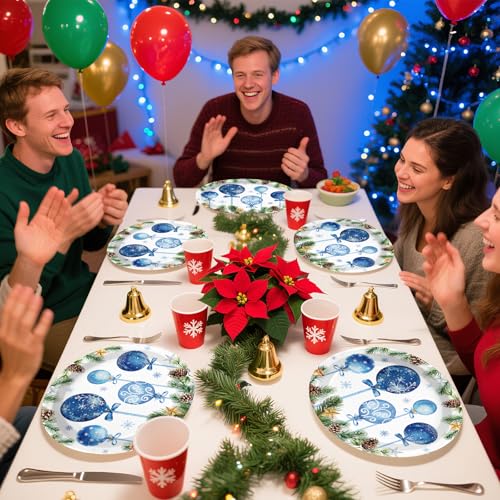 50Pcs Xmas Blue Balls Oval Paper Plates - Grencian