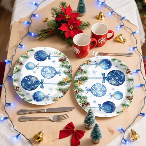 50Pcs Xmas Blue Balls Oval Paper Plates - Grencian