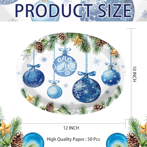 50Pcs Xmas Blue Balls Oval Paper Plates - Grencian