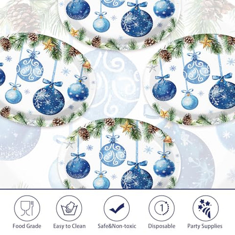 50Pcs Xmas Blue Balls Oval Paper Plates - Grencian