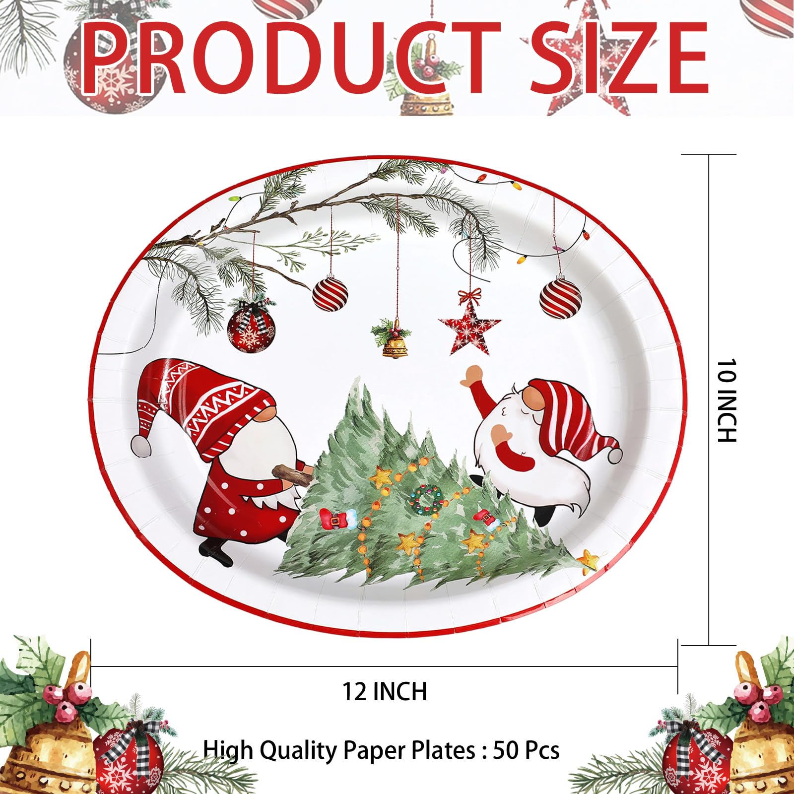 50Pcs Xmas Gnomes Tree Oval Paper Plates - Grencian